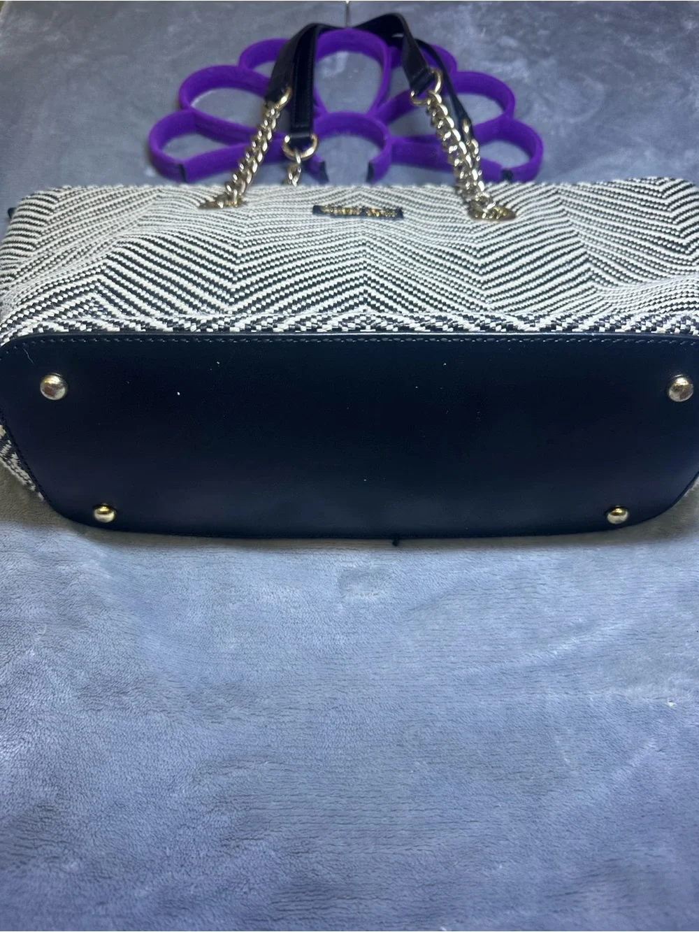 Calvin Klein Navy and White Chevron Tote with Black Leather Straps